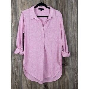 Sanctuary‎ Womens L Linen Blend Boyfriend Blouse Pink/White Stripe Coastal Beach